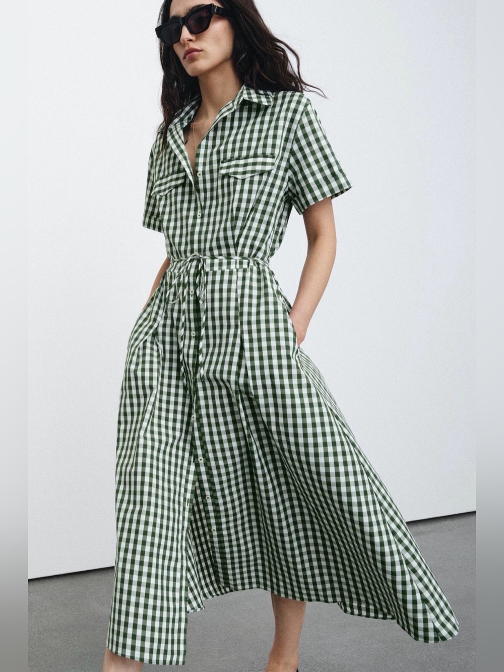 Zara Green and White Gingham Midi Shirt Dress